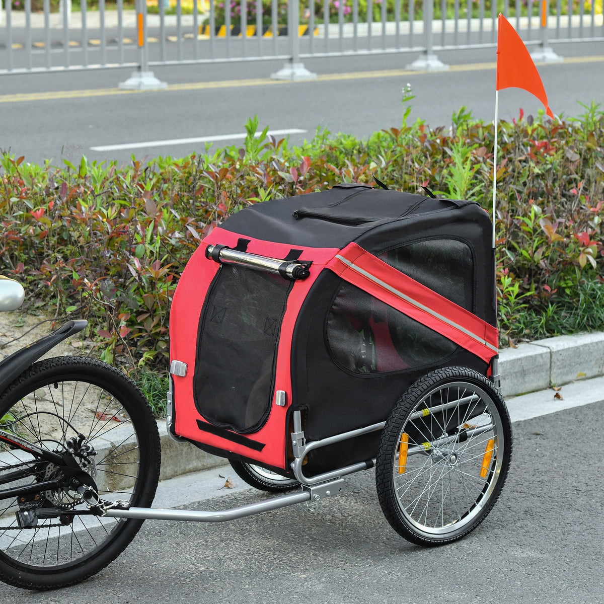 Remorque vélo pour Chien Animaux 8 réflecteurs Drapeau Barre attelage Inclus Acier Polyester imperméable Max. 30 Kg 130L x 73l x 90H cm Rouge-9