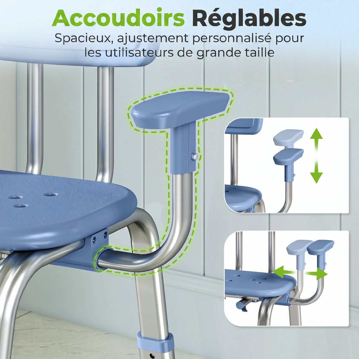Tabouret de douche chaise de douche ergonomique avec accoudoirs, dossier, hauteur et siège réglables, bleu-3