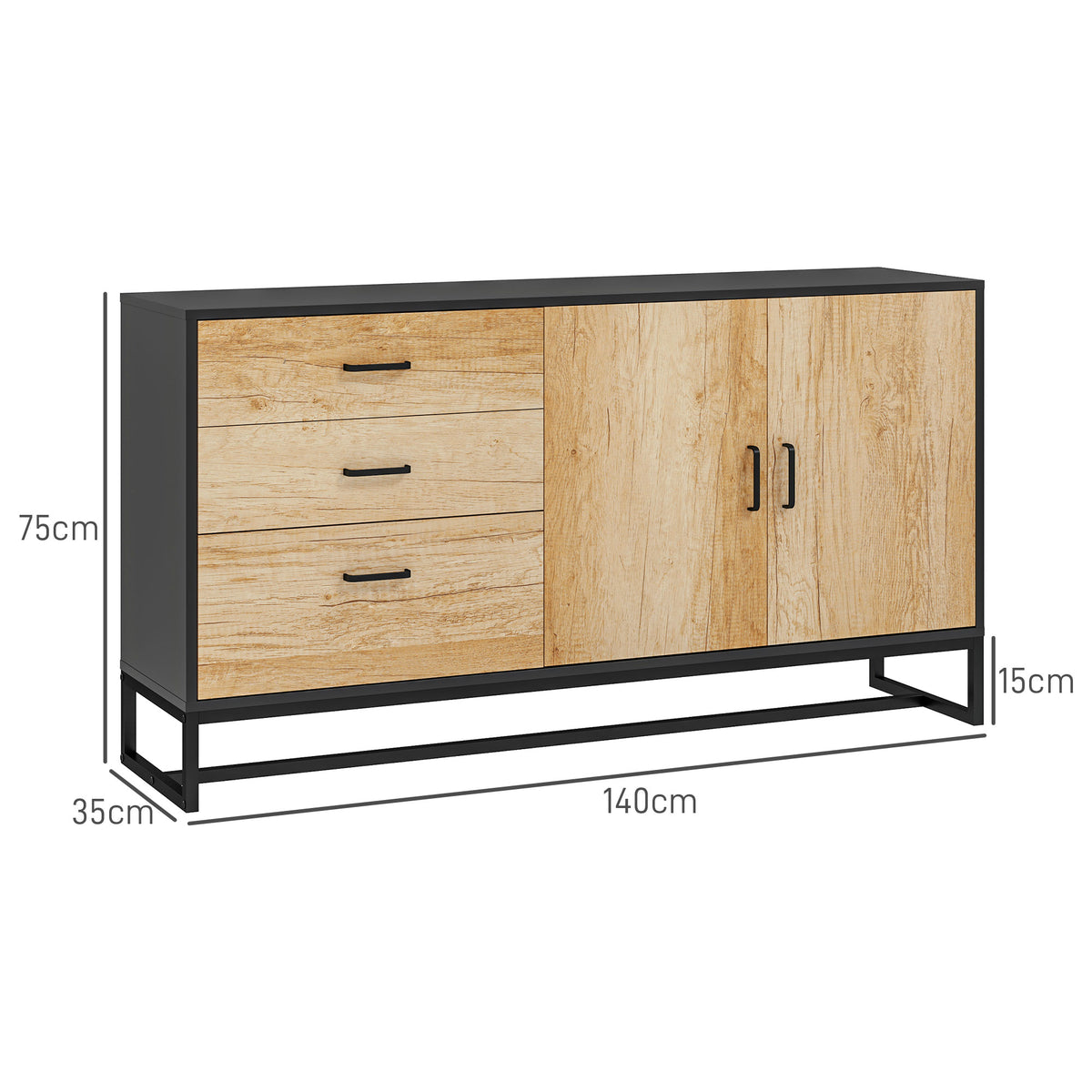 Buffet salon meuble de rangement avec 3 tiroirs et étagère réglable, pieds en acier, poignées en alliage d'aluminium-2