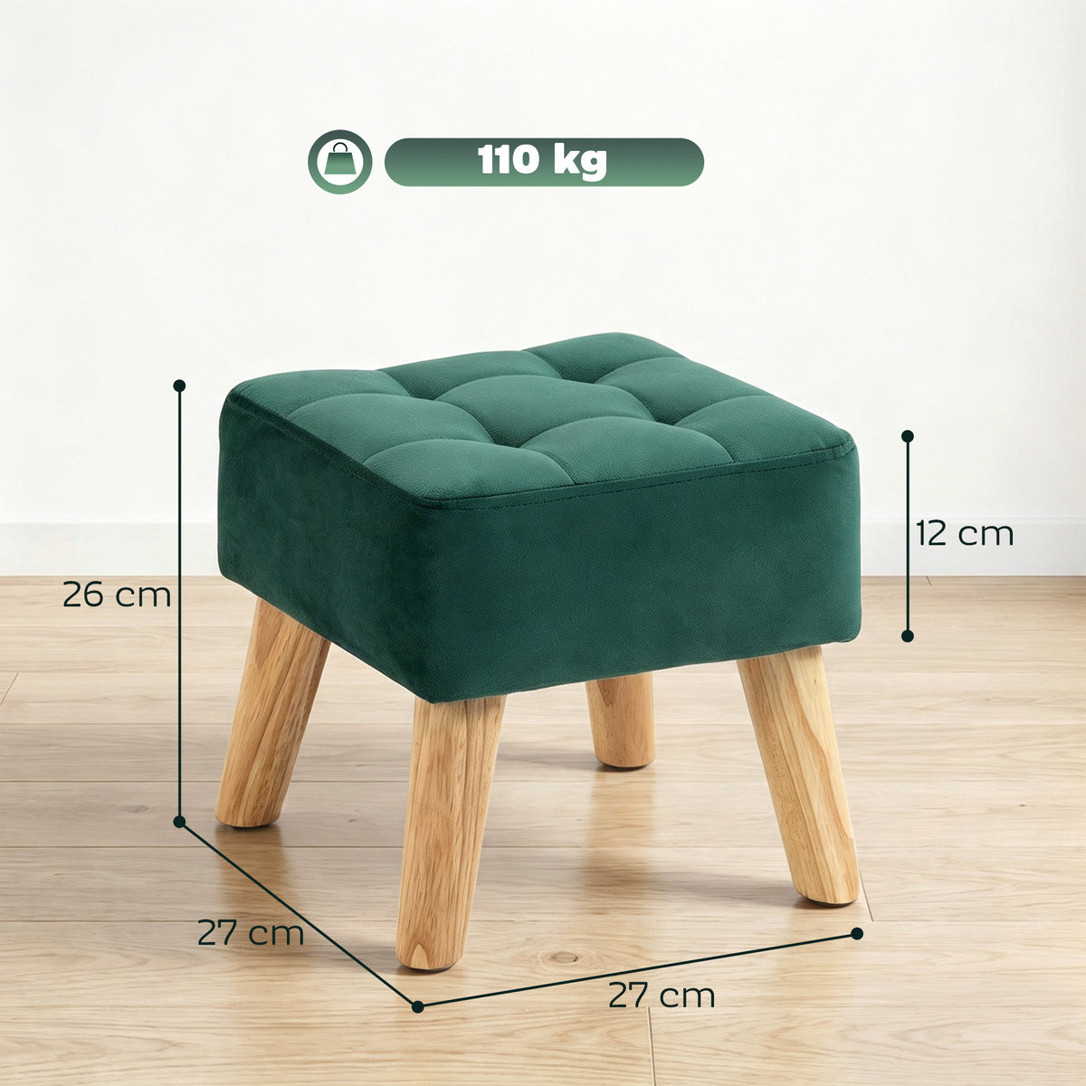 Repose-Pied Salon, Ottoman, Siège Rembourré en Tissu avec Pieds en Bois, 27 x 27 x 26 cm, Vert Foncé-2