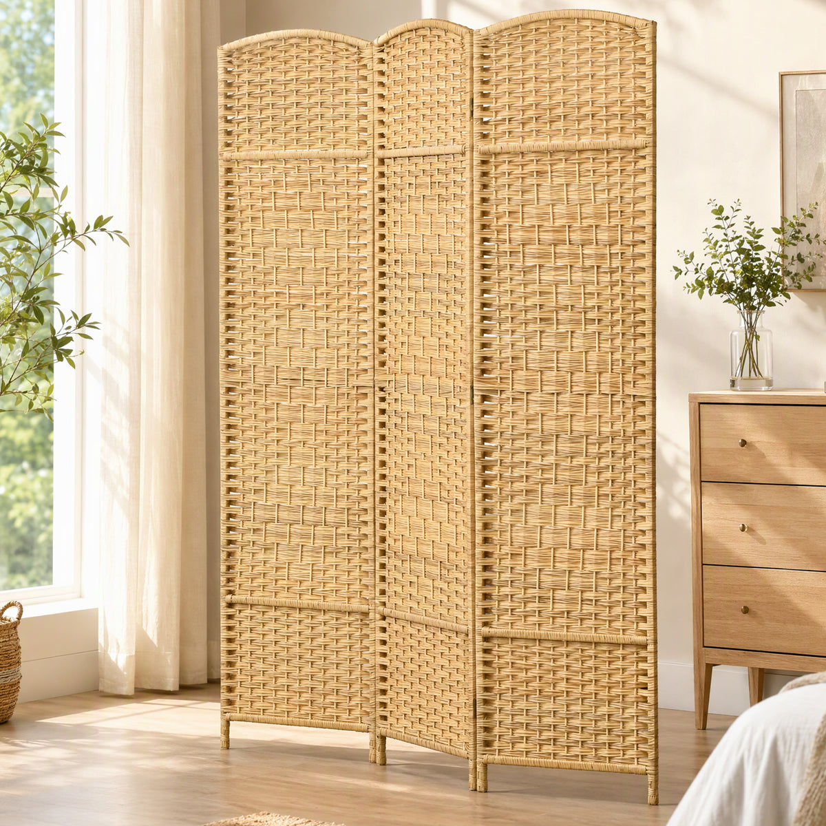Paravent intérieur en bois 3 panneaux séparateur de pièce pliable pour salon chambre 135 x 180 cm bois naturel-1
