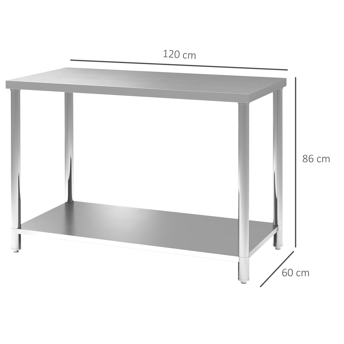 Table de travail, établi d'atelier en acier inoxydable 2 étagère, pour atelier, garage, hangar, 120x60x86cm, argenté-2