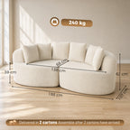 Canapé 3 Places Incurvé en Chenille 188 cm, Canapé Salon avec Assise Profonde, 6 Coussins, Rembourrage Épais, Crème-2