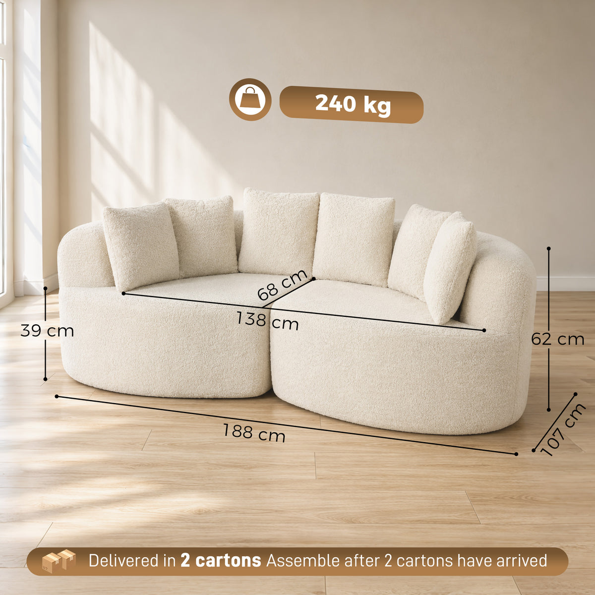 Canapé 3 Places Incurvé en Chenille 188 cm, Canapé Salon avec Assise Profonde, 6 Coussins, Rembourrage Épais, Crème-2