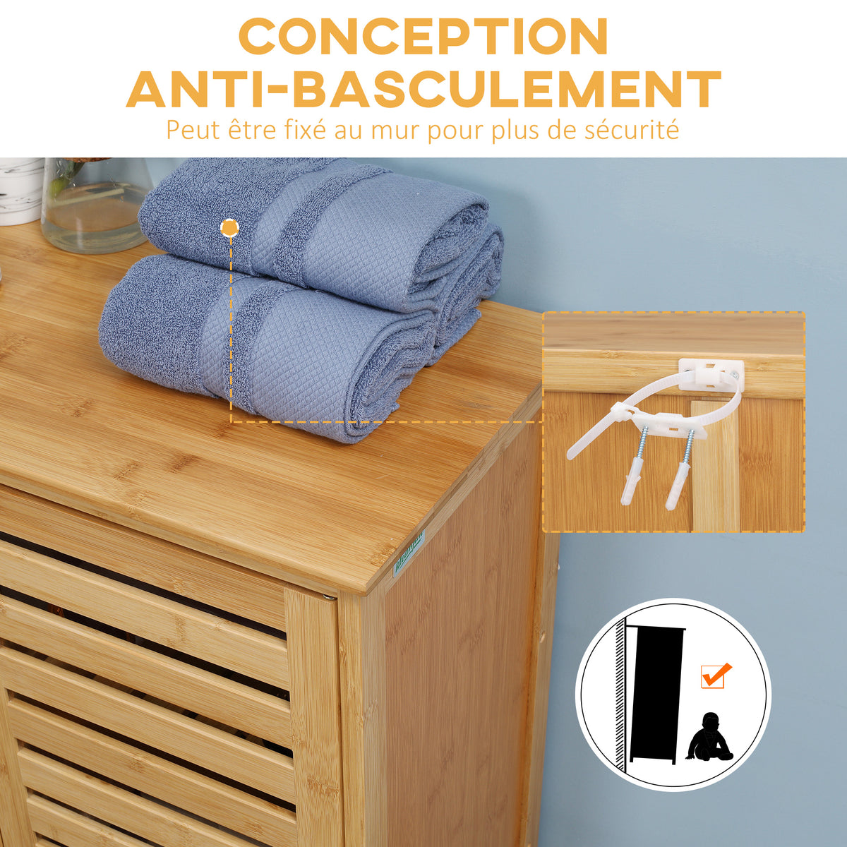 Meuble salle de bain en bambou armoire salle de bain sur pied avec double porte à lattes, 68 x 32 x 86 cm, naturel-6