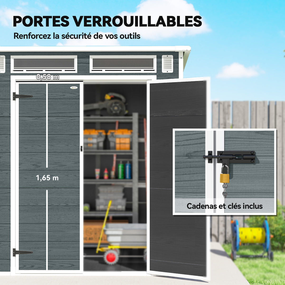 Abri de Jardin en Résine Cabanon de Rangement Double Porte 3 Fenêtres et 2 Aérations Anti-UV avec Plancher 3,3 m² Gris-5