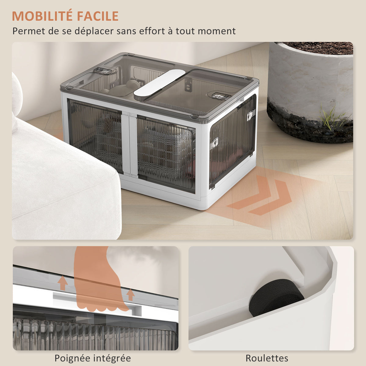 Boîtes de rangement pliables et empilables 69L en plastique avec couvercle et 4 roulettes, accès à 5 côtés, blanc-5