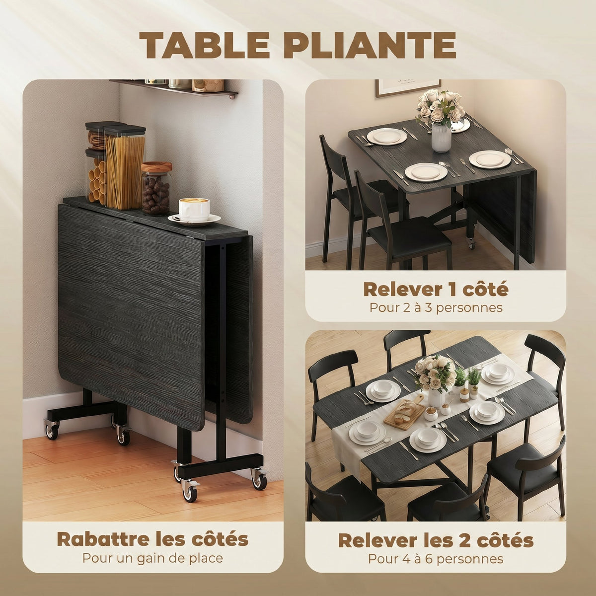 Table à Manger Pliante sur Roulettes pour 4-6 Personnes 120 cm, Roues avec Freins, 2 Abattants, Industriel, Noir-4