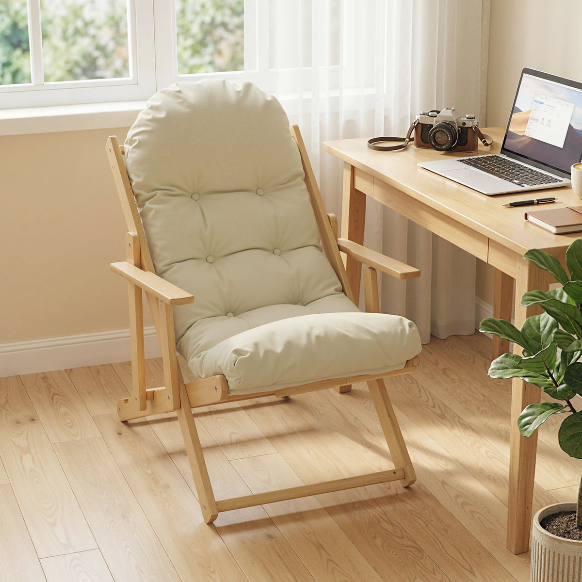 Fauteuil Chaise de Salon Pliable et inclinable en Bois Fauteuil Relax Confortable avec Coussin capitonné épais-7