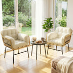 Salon de Jardin Extérieur 3 Pièces en Résine Tressée, Table en Verre Trempé, 2 Fauteuils avec Coussins, 62x73x79cm, Crème-7