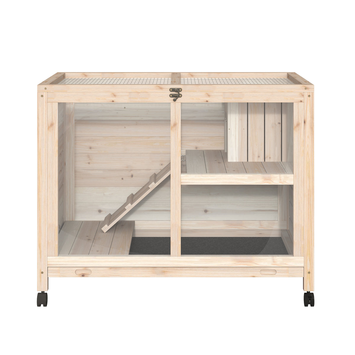 Cage à lapin clapier sur roulettes petit enclos animaux en bois massif 2 étages toit ouvrant plates-formes 91,5 x 53,3 x 73 cm bois naturel-7