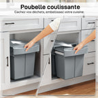 Poubelle cuisine, poubelle sous évier coulissante encastrable avec 2 x 20 L compartiments amovibles, 52x33,5x41cm, gris-3