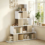 Étagère de rangement, bibliothèque géométrique à 5 niveaux, pour bureau, salon, chambre, blanc et bois naturel-1