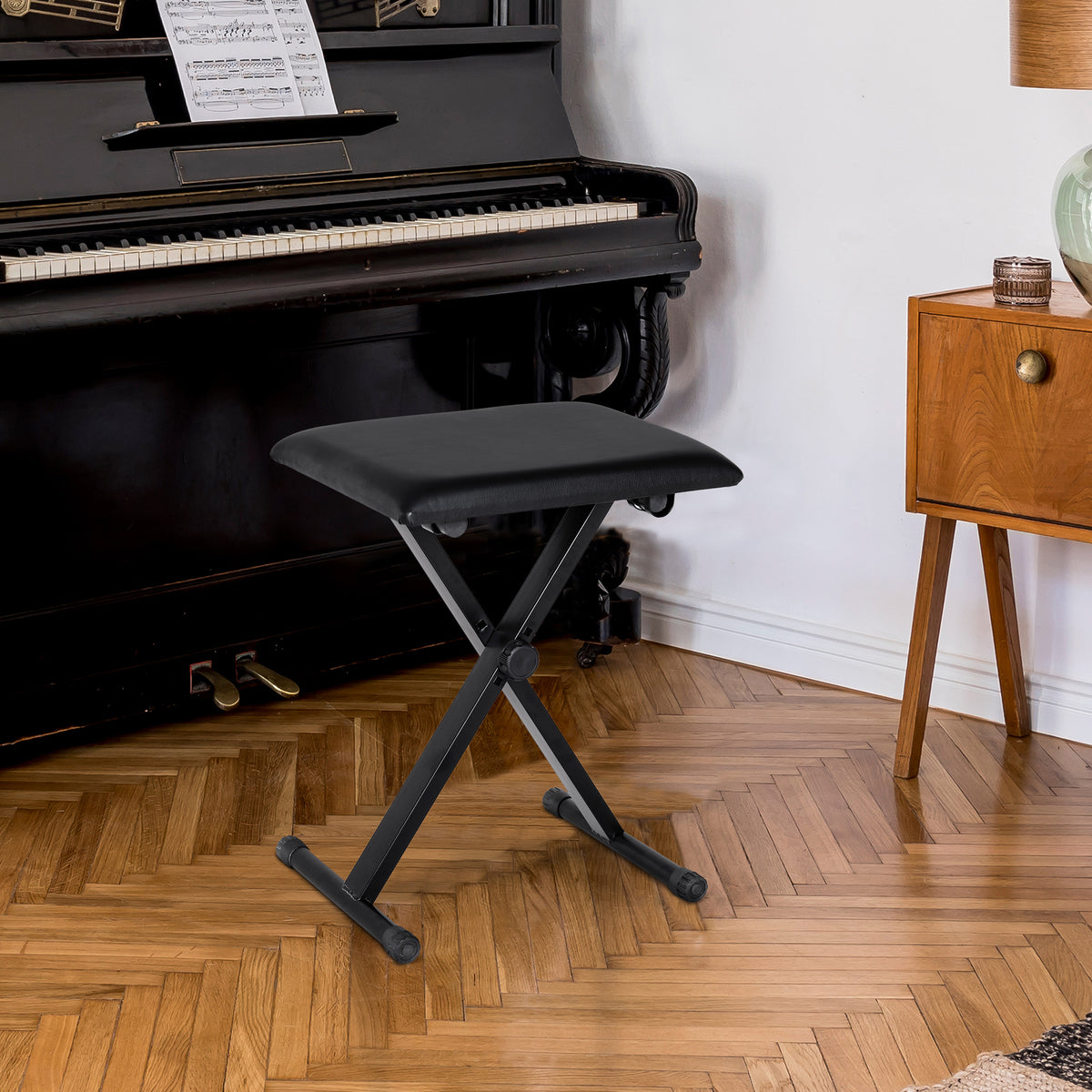 Tabouret piano pliable, banc haut. réglable 37 47 cm, siège rembourré PU pieds métal antidérapants, 100 kg, noir-1