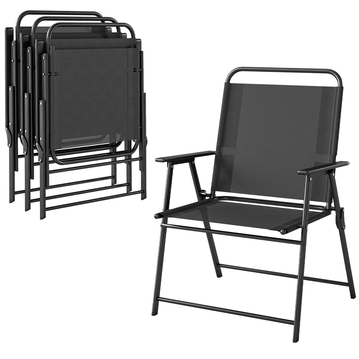 Lot de 4 chaises de jardin pliantes avec accoudoirs, chaises d'extérieur avec assise large en textilène, noir-0