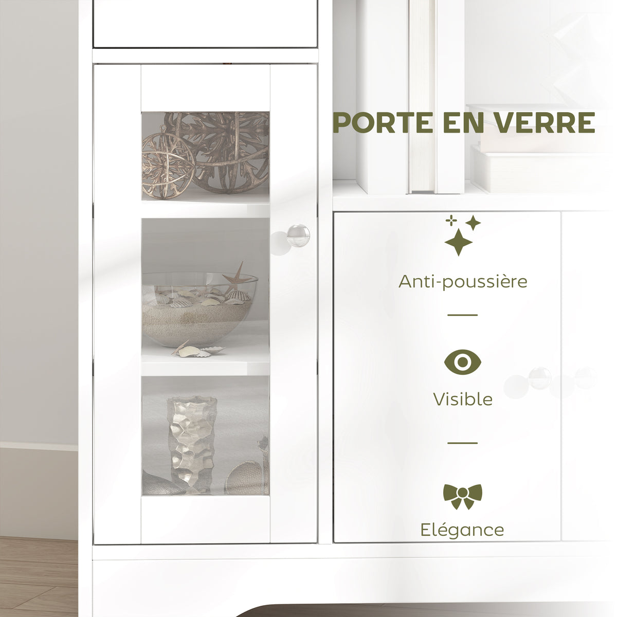 Buffet de cuisine moderne avec porte en verre, tiroir, grande niche et étagères réglables 80 x 30 x 82 cm blanc-5