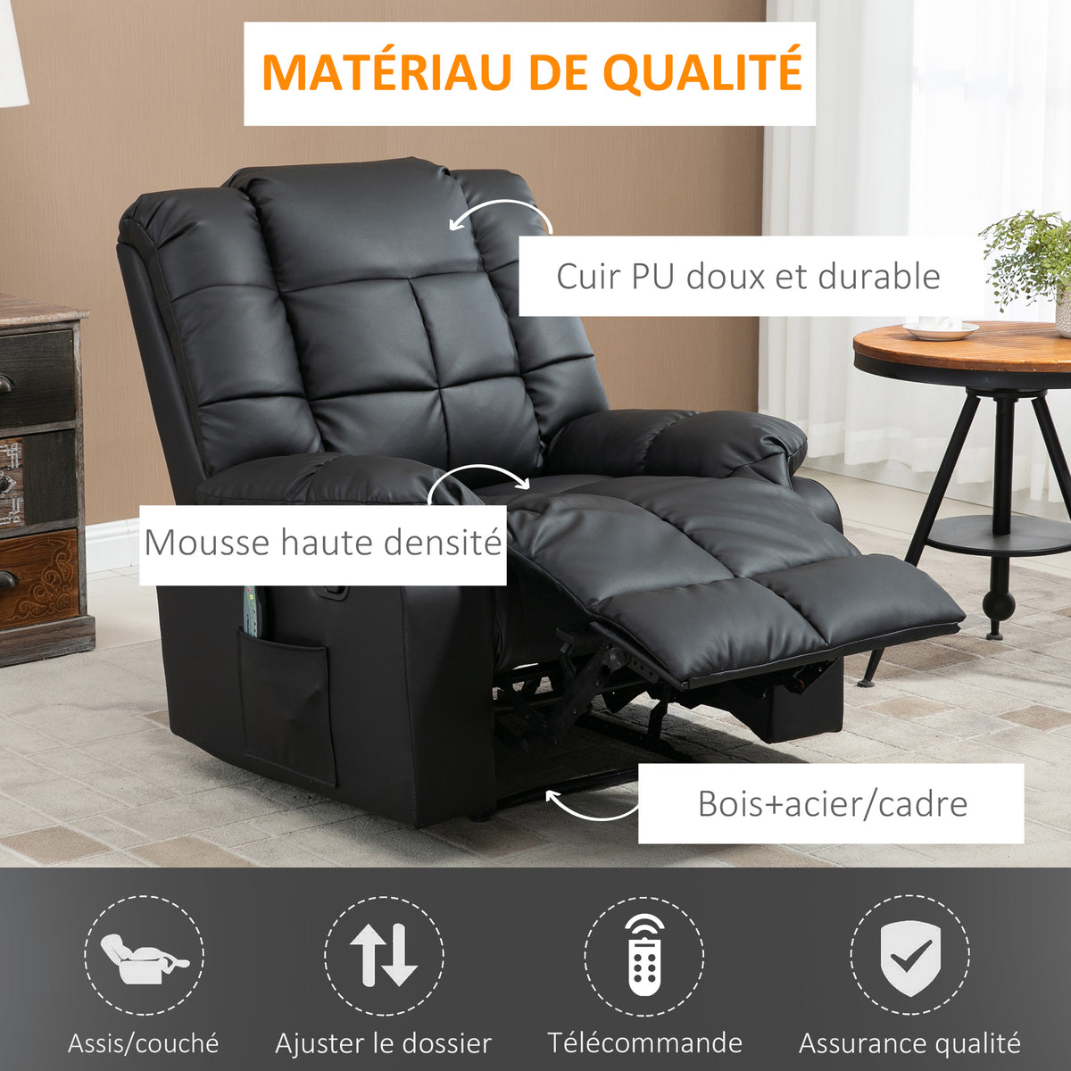 Fauteuil de massage fauteuil de relaxation massant avec dossier inclinable manuellement et repose-pied chaise TV-4