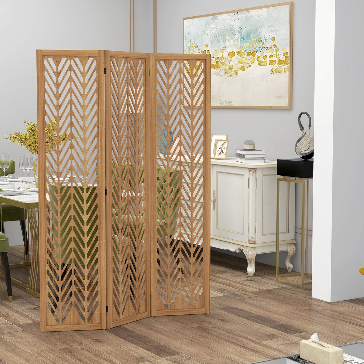 Paravent en bois ajouré séparateur de pièce closion intérieur pliable 3 panneaux en bois 120 x 170 cm naturel-6