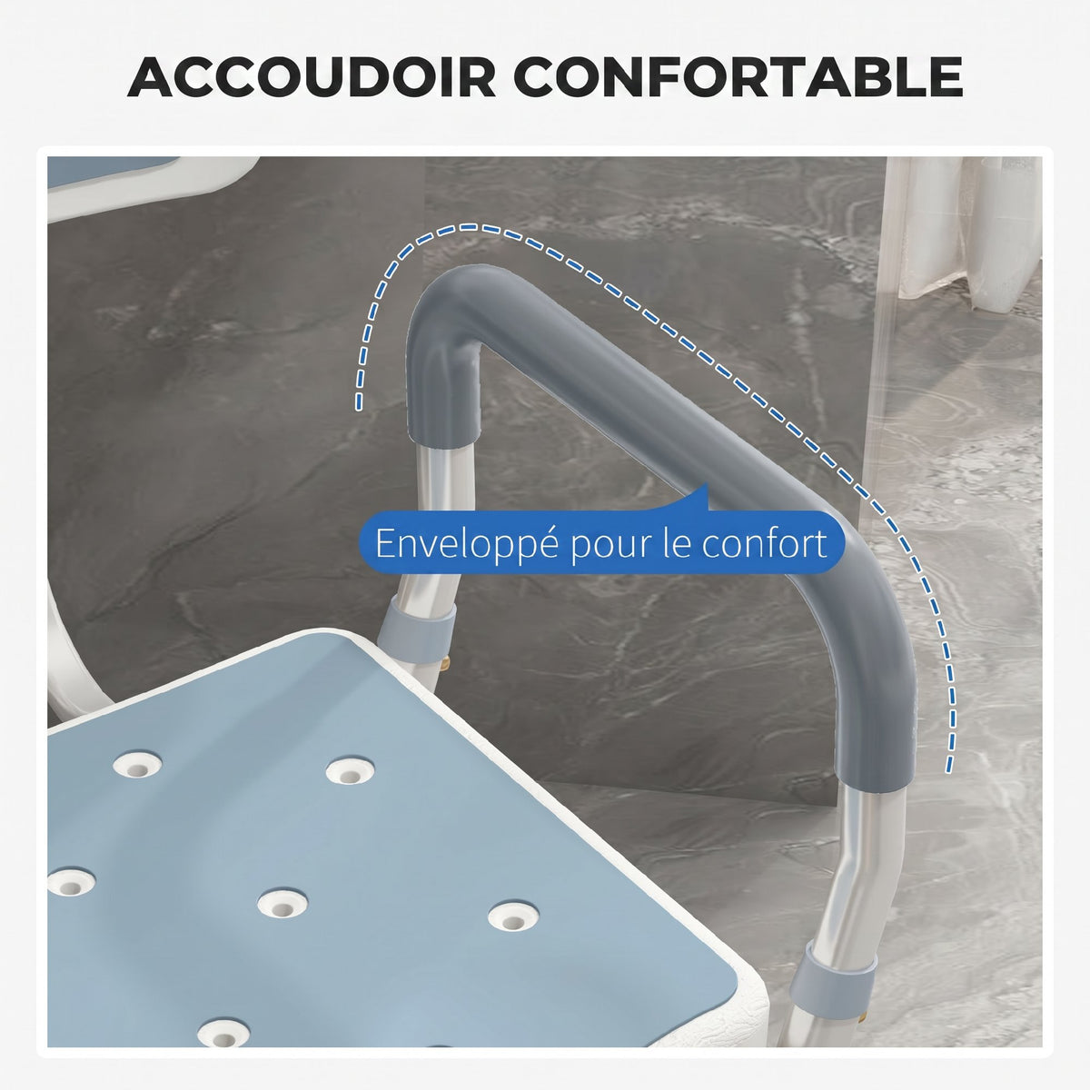 Tabouret de douche chaise de douche ergonomique hauteur réglable pieds antidérapants 56,5 x 53,5 x 87 cm blanc et bleu-4