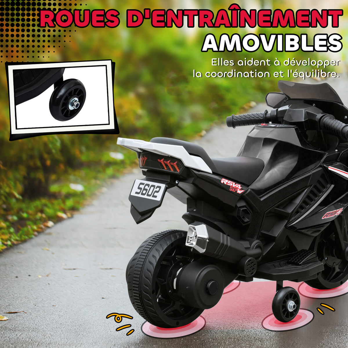 Moto électrique enfants, moto à batterie 6 V avec effets lumineux et sonores, roues d'entraînement, 75x36x49cm, noir-4