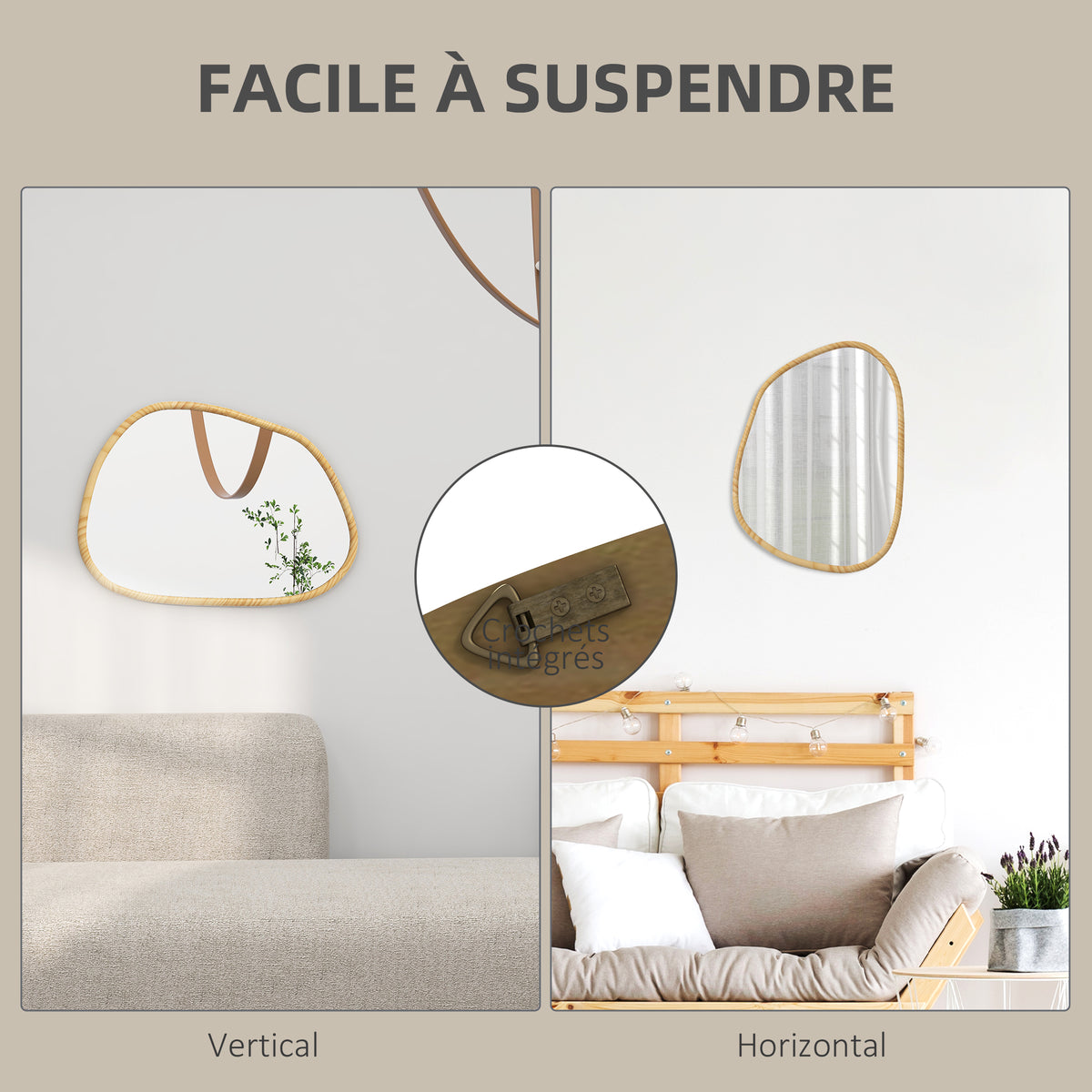 Miroir mural miroir décoratif forme organique avec cadre en bois horizontal ou vertical 70 x 50 cm naturel-4