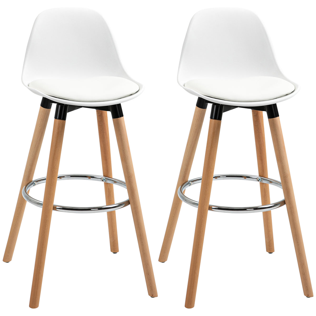 Lot de 2 tabourets de bar, chaises de bar en PU avec dossier et repose-pieds, assise rembourrée 69 cm, pieds en bois, style moderne, tabourets hauts pour cuisine, salle à manger, salon, blanc-0