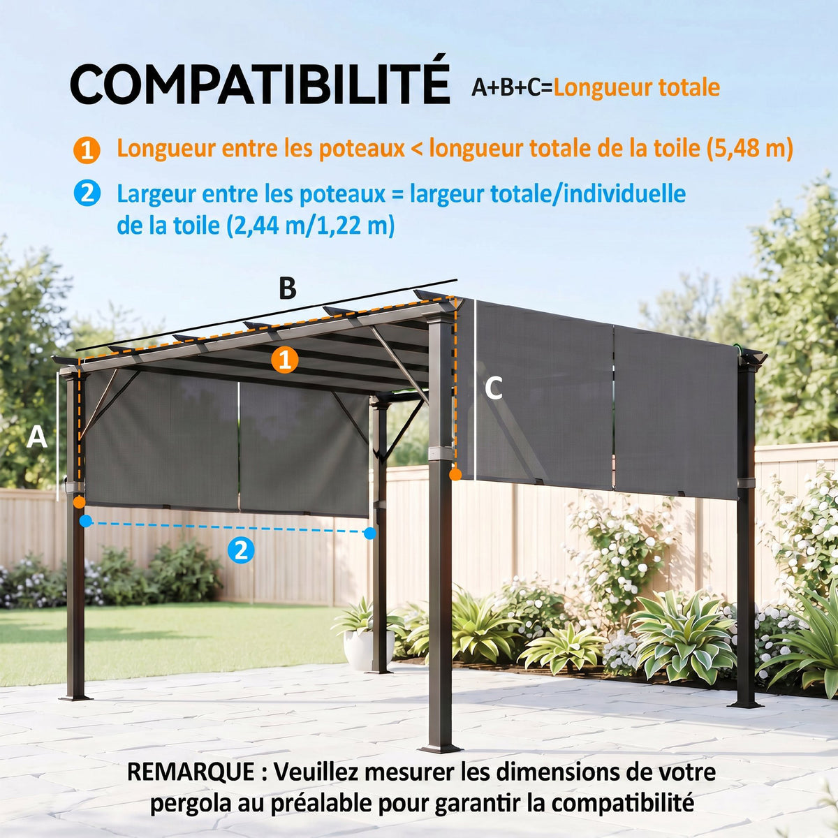 Lot de 2 toiles de rechange pergola rétractable 4,9 x 1,2 m pour pergola de 3 x 3 m polyester protection UV gris foncé-2