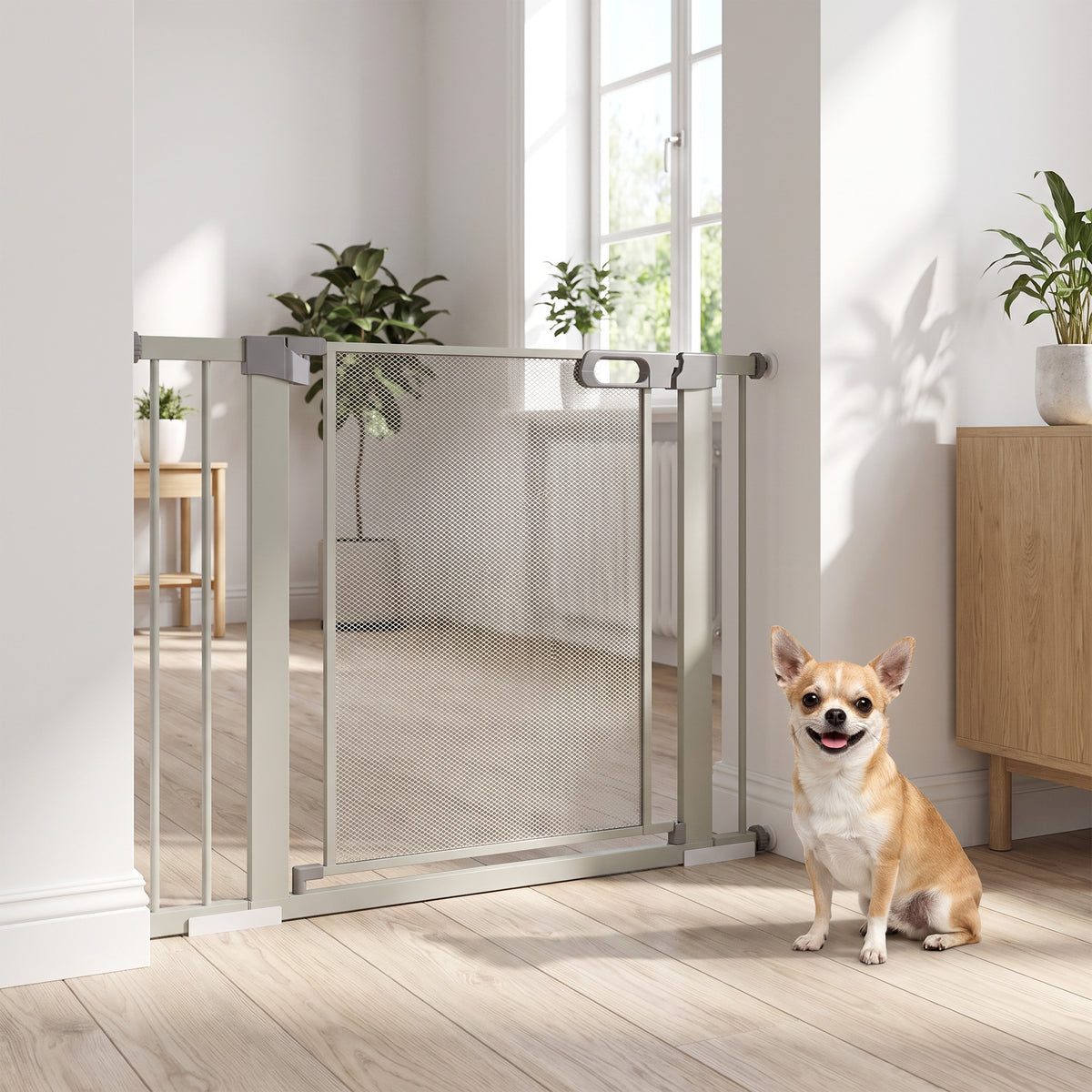 Barrière de sécurité pour animaux domestique fermeture automatique double verrouillage largeur 75-103 cm gris-7