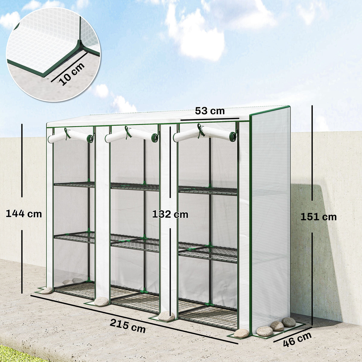 Serre de jardin avec étagères à 3 niveaux serre de balcon 3 portes enroulables zippées 215 x 46 x 151 cm blanc-2
