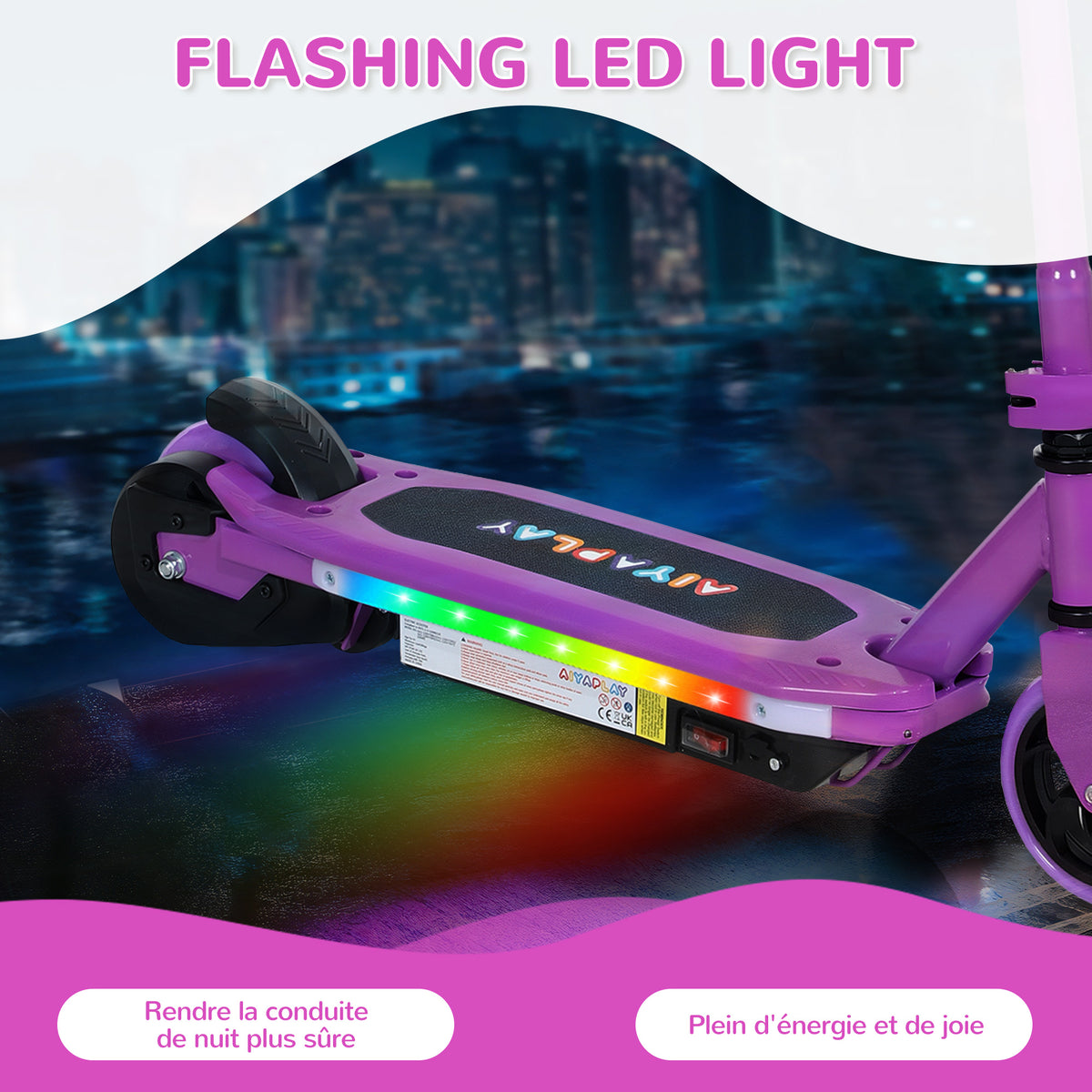 Trottinette électrique pour enfants 6-14 ans, vitesse maximale 10 km/h, lumières LED colorées, frein électrique, violet-3