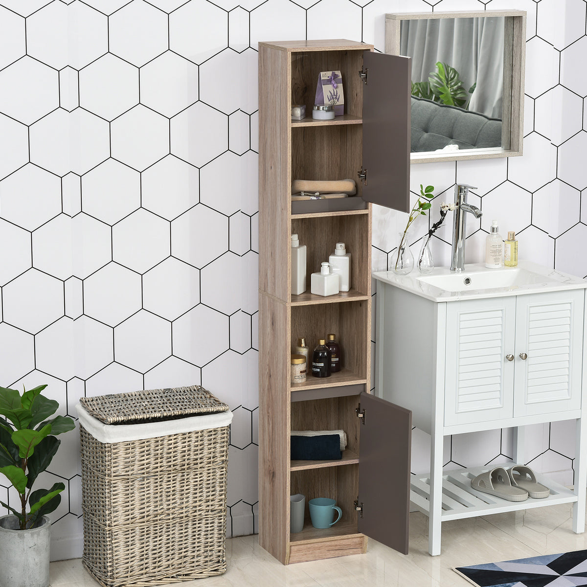 Meuble colonne salle de bain à 6 niveaux, meuble de rangement étroit avec 2 portes, 2 compartiments ouverts et étagère réglable, pour toilette, petits espaces, 30 x 24 x 170 cm gris et chêne-9
