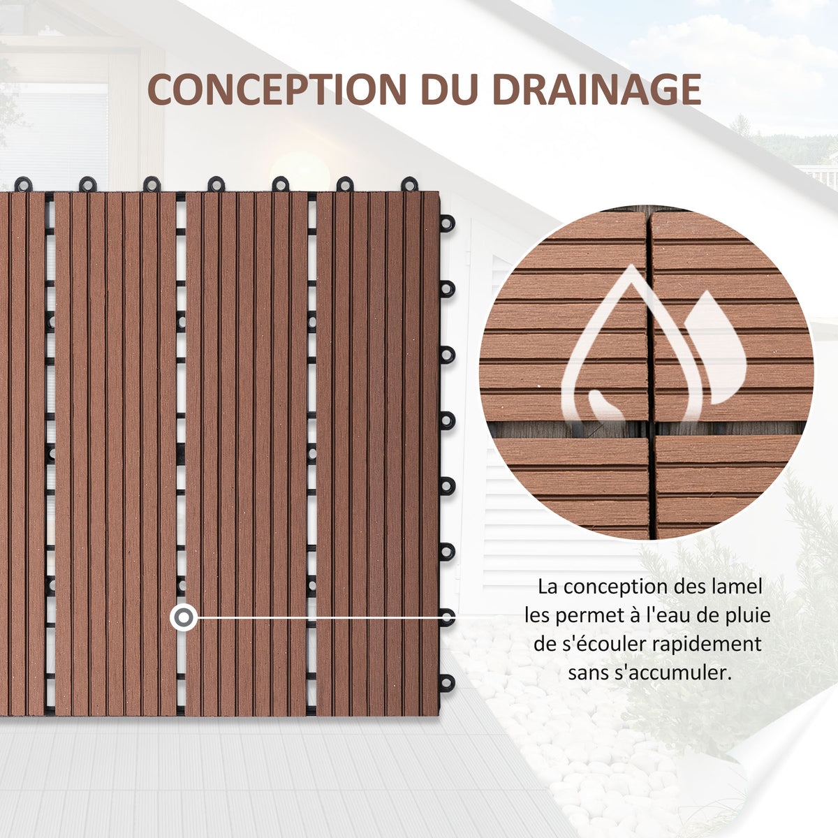 Lot de 11 dalles de jardin piscine 30 x 30 x 2,2 cm dalle clipsable pour jardin, balcon, piscine en HDPE marron clair-4