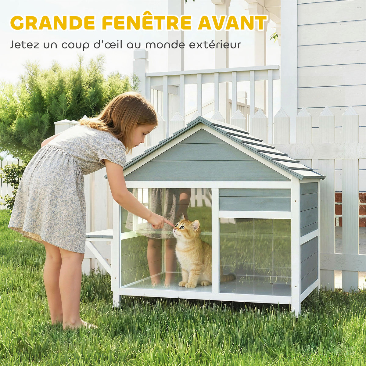 Maison pour Chat Extérieur Toit Ouvrant Fenêtre Panoramique Porte à Lamelles et Plateforme de Repos 101x72,5x81cm Gris-4