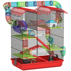 Cage pour hamster souris petit animaux rongeur avec tunnel mangeoire roue jouet 47 x 30 x 59 cm rouge-0