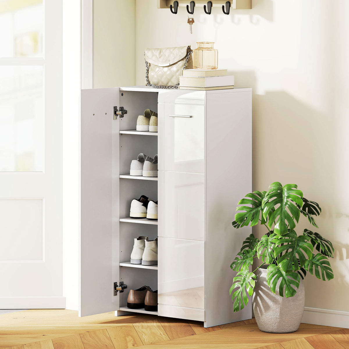 Meuble à chaussures 10 paires, armoire à chaussures à haute brillance 5 niveaux, étagères réglables, 55x36x108cm, blanc-1