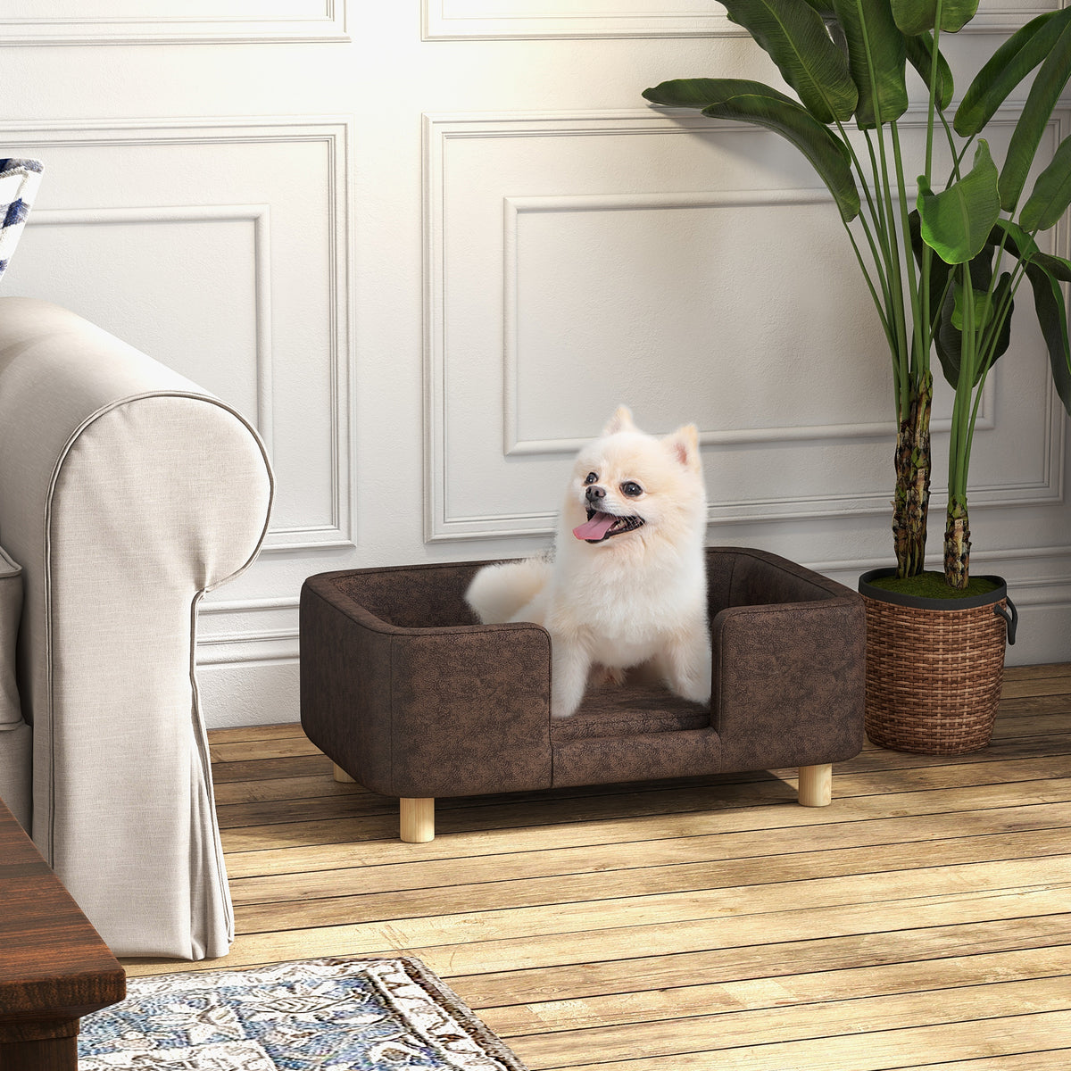 Canapé chien lit pour chien chat avec rebord coussin moelleux pieds bois massif dim. 74 x 48,5 x 31 cm revêtement micro-fibre chocolat-1