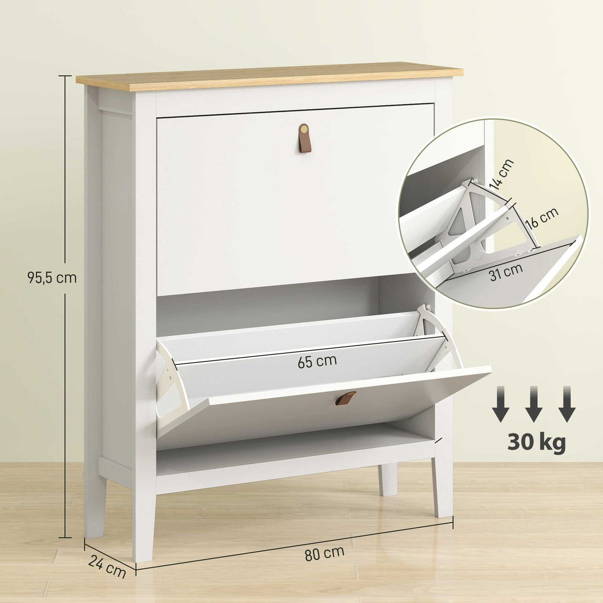 Meuble à chaussures 14 paires, armoire à chaussures avec 2 tiroirs rabattables, étagères amovibles et réglables, blanc-2