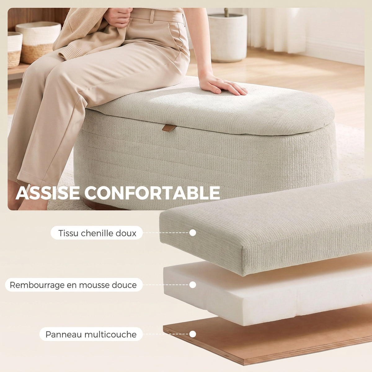 Banc de Rangement Ovale Moderne en Tissu Chenille, Bout de Lit Coffre Charge 220 kg, 91 x 40,5 x 45 cm, Beige-6