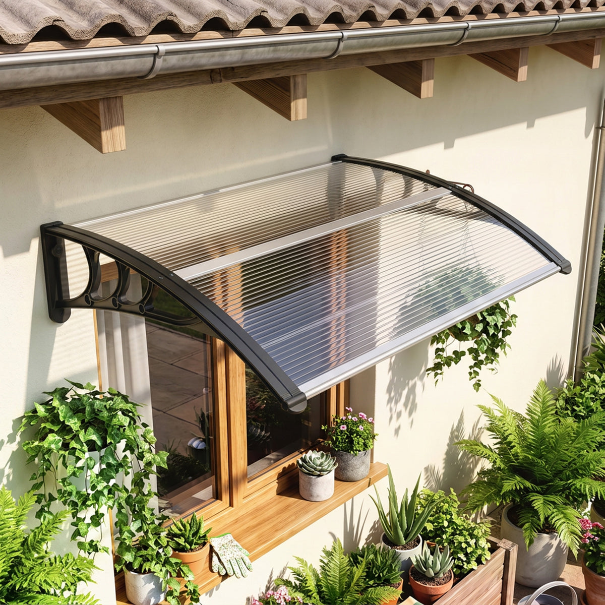 Auvent de porte d'entrée, toit marquise de porte exterieur en polycarbonate et profil aluminium résistante toit abri protection contre la pluie et UV pour terrasse, balcon, 100x75cm, transp.-1