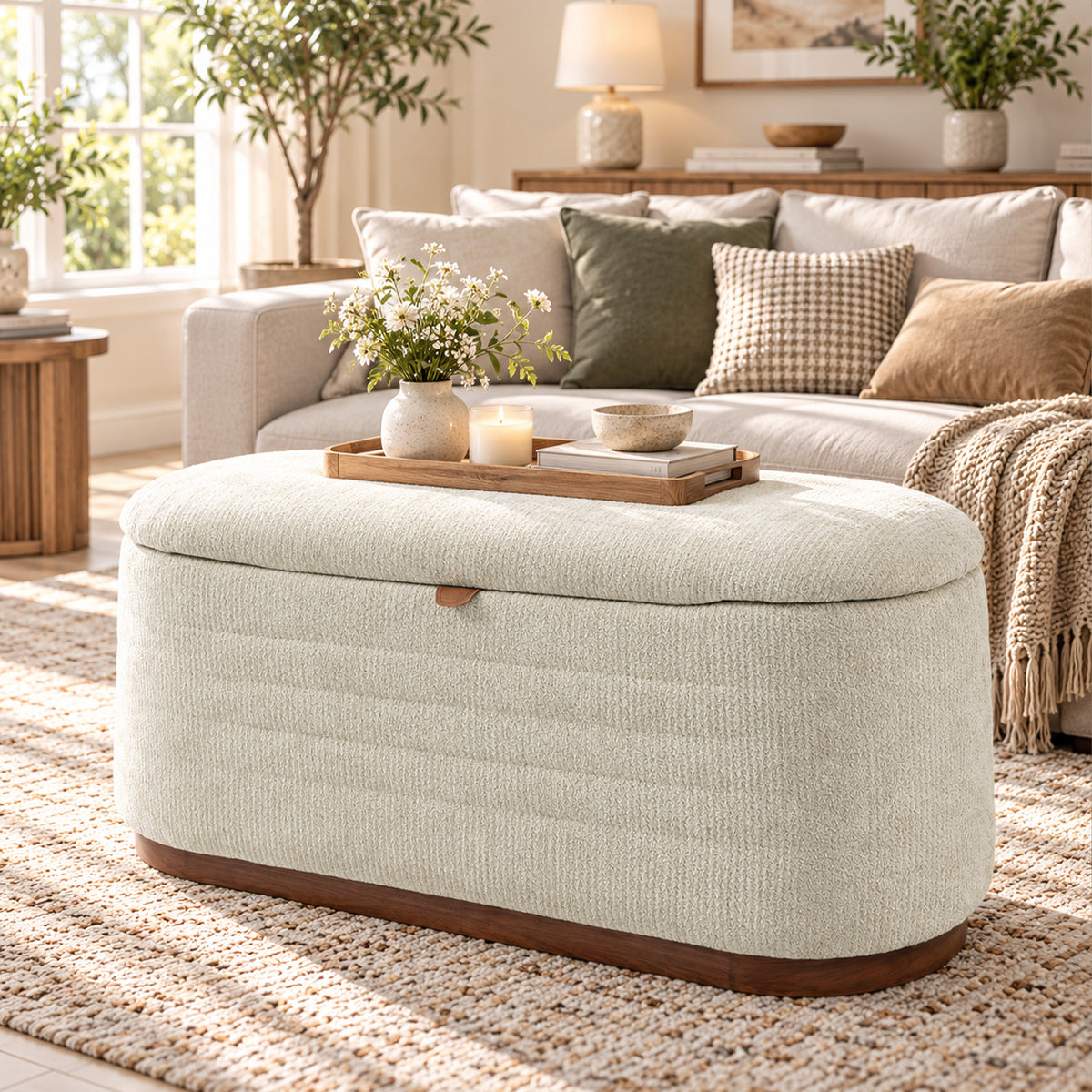 Banc de Rangement Ovale Moderne en Tissu Chenille, Bout de Lit Coffre Charge 220 kg, 91 x 40,5 x 45 cm, Beige-7