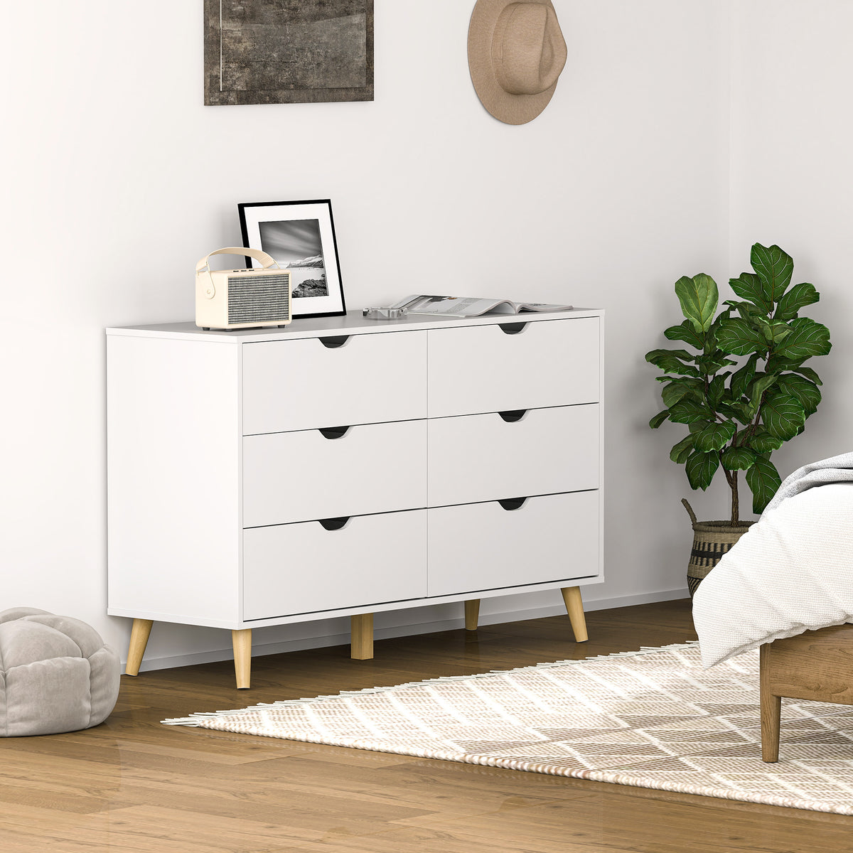 Commode 6 tiroirs meuble de rangement 5 pieds biseautés en bois 120 x 40 x 76 cm blanc-1
