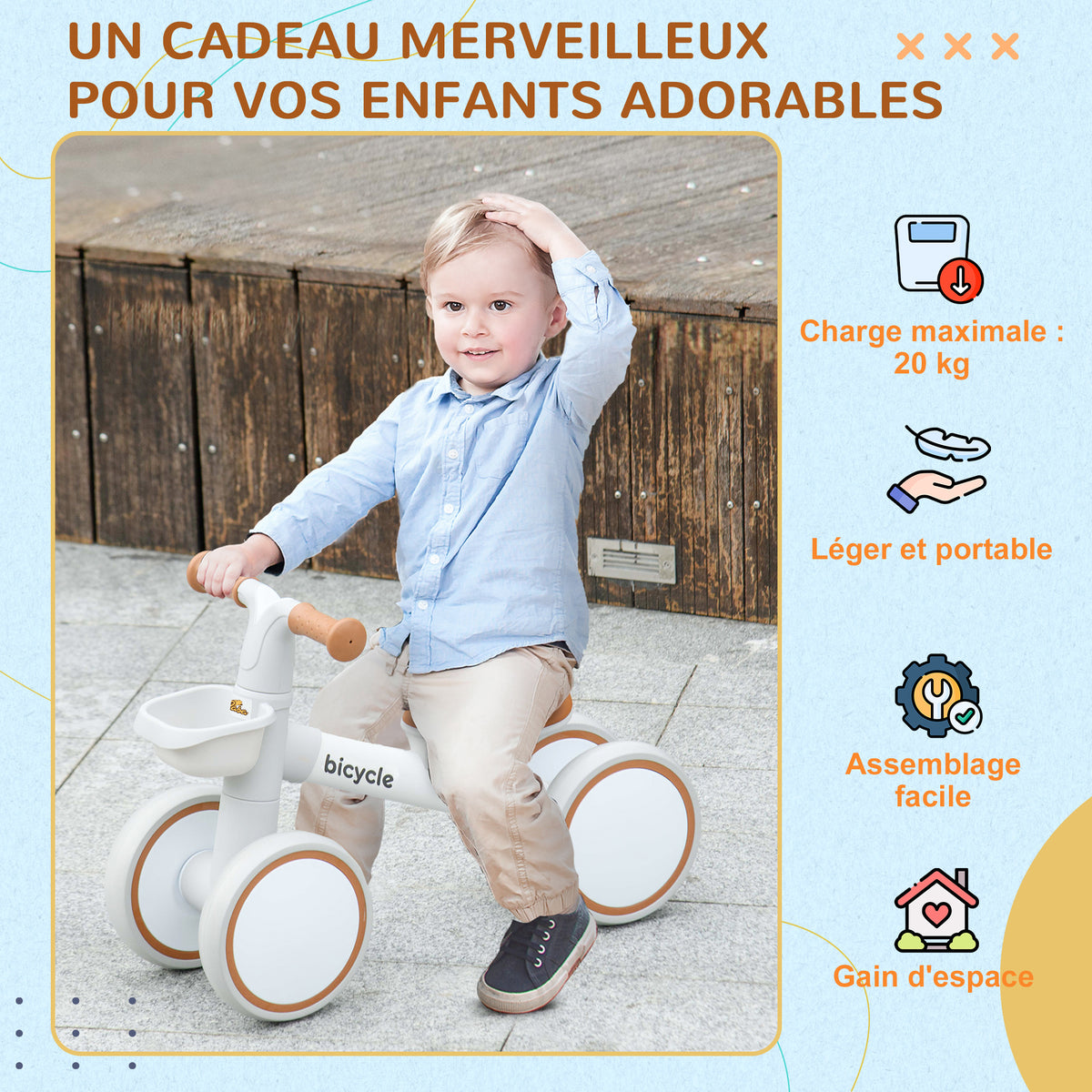 Draisienne vélo Enfant 4 roues selle réglable, guidon ergonomique alliage alu. PP, enfant 1 à 3 ans - Marron Blanc-7