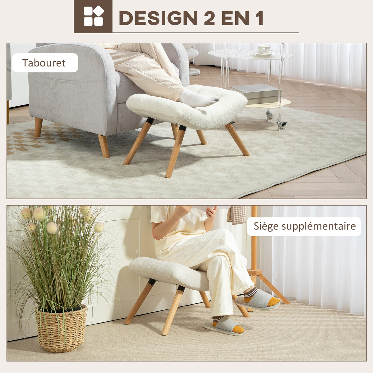 Repose pied salon ottoman pouf salon tabouret de canapé en tissu avec pieds en bois d'hévéa, siège rembourré, crème-4
