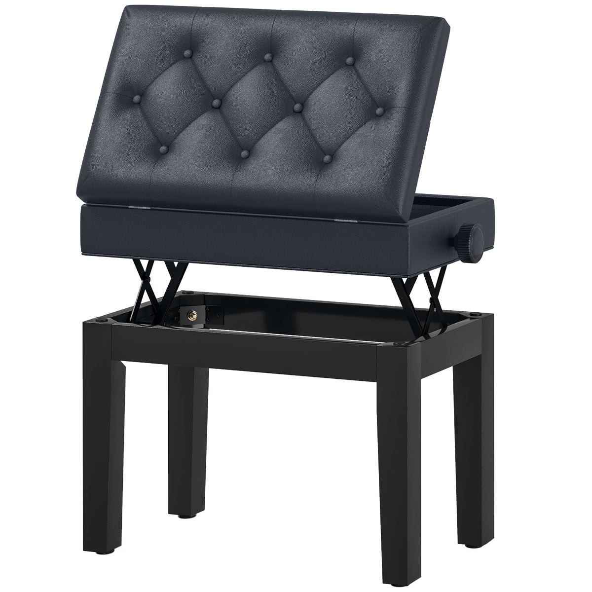 Banc piano, clavier haut. réglable bois massif, tabouret compartiment caché, siège rembourré charge 200kg, noir-0