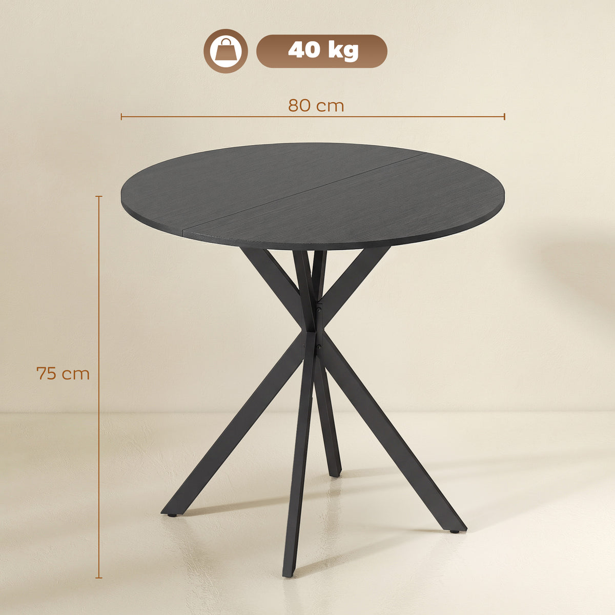 Table à Manger Ronde pour 2 Personnes avec Plateau Aspect Bois et Piètement Croisé en Acier, Noir-2