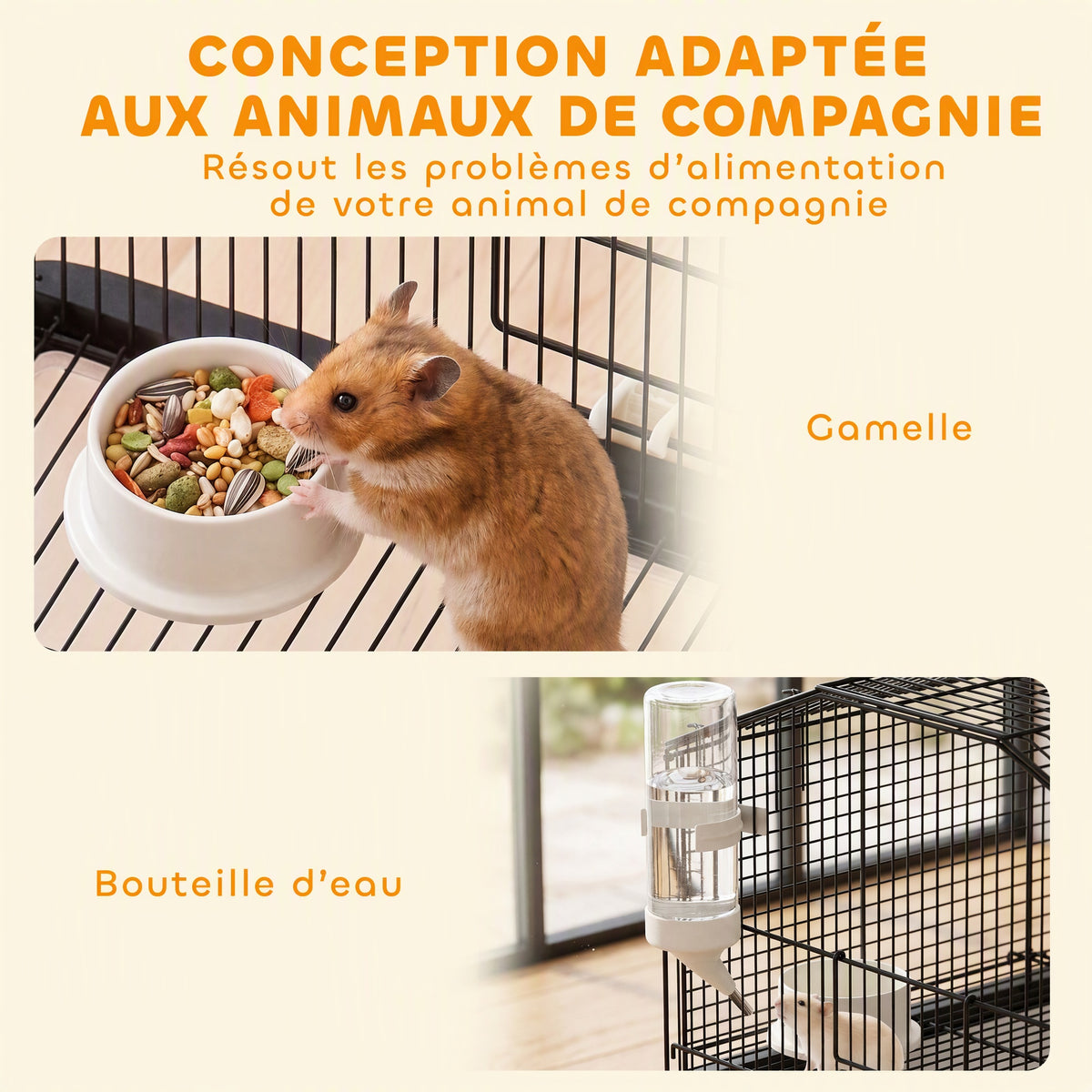 Cage hamster cage rongeur 2 étages avec roulettes plate-forme et échelle en fil d'acier 57 x 43 x 57 cm noir-5
