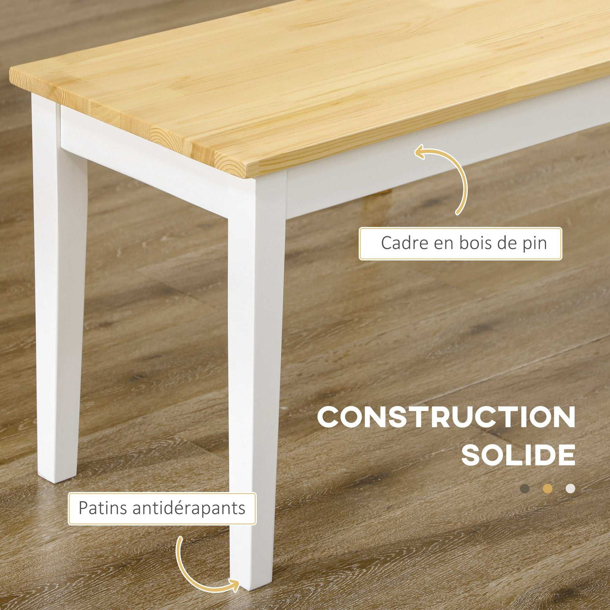 Banc en bois pour 2 personnes bicolore assise naturelle et piètement blanc 102 x 36 x 45 cm-4