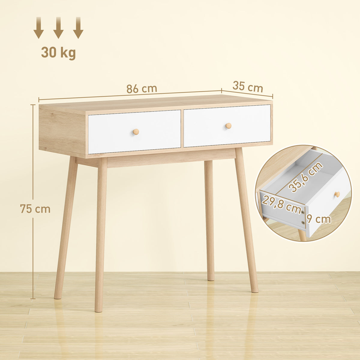 Table console avec 2 tiroirs et pieds en bois, pour salon, entrée, couloir, 86 x 35 x 75 cm, chêne et blanc-2