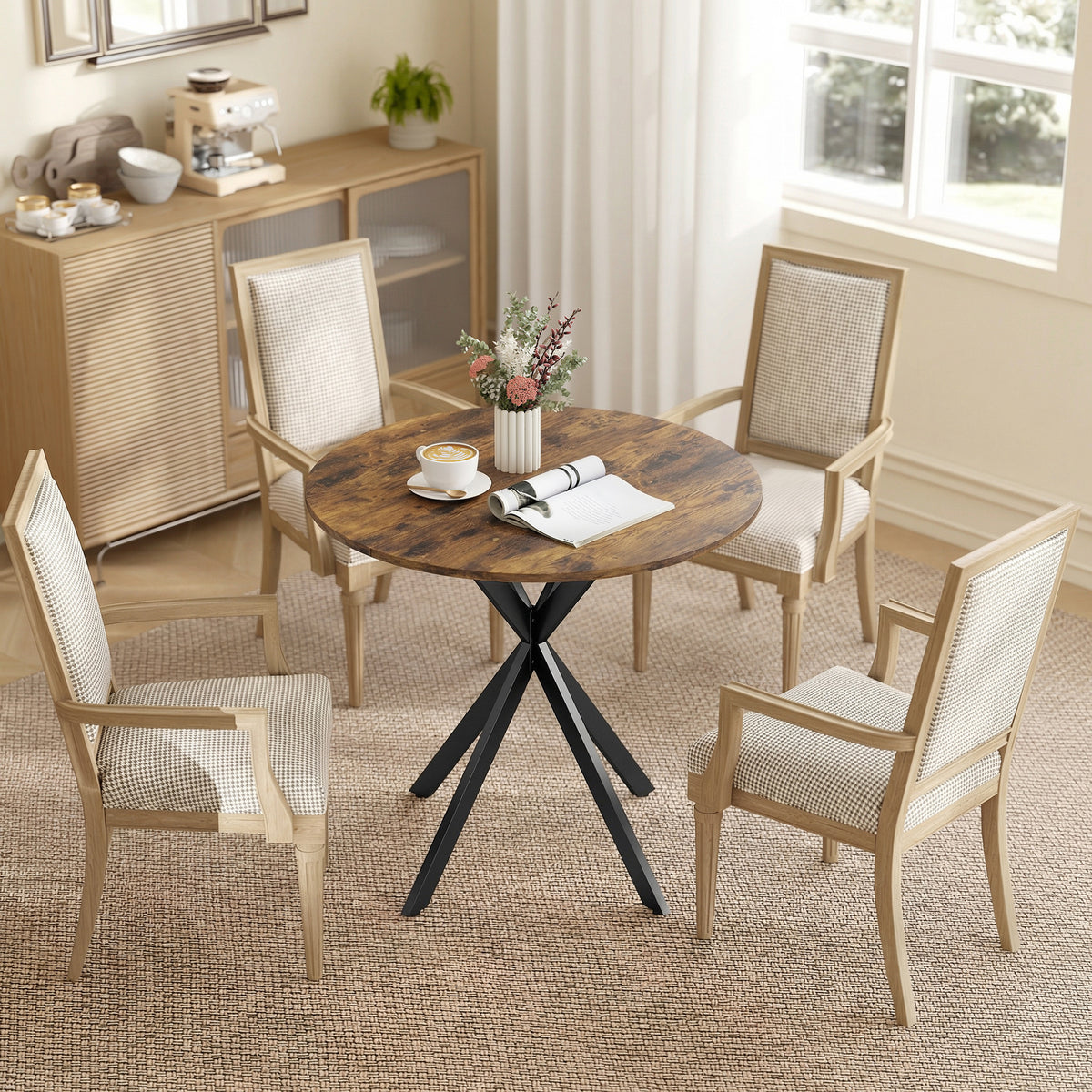Table à Manger Ronde pour 2 Personnes avec Plateau Aspect Bois et Piètement Croisé en Acier, Brun Rustique-6