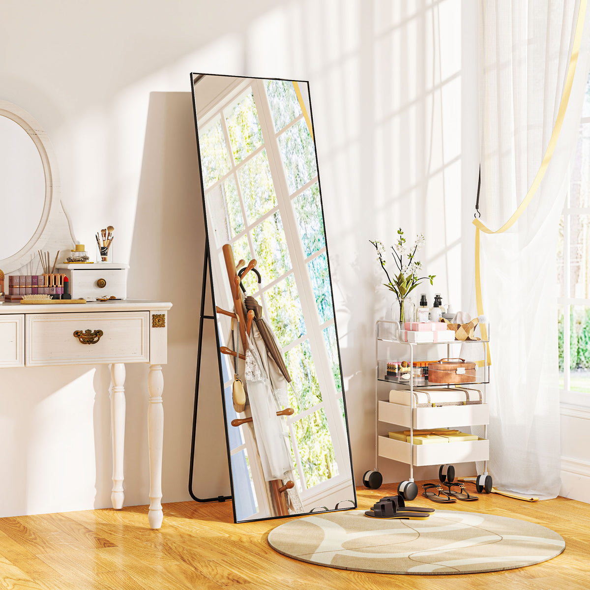 Grand miroir pleine longueur rectangulaire, 50 x 160 cm, miroir sur pied, mural ou pocé contre mur, noir-1